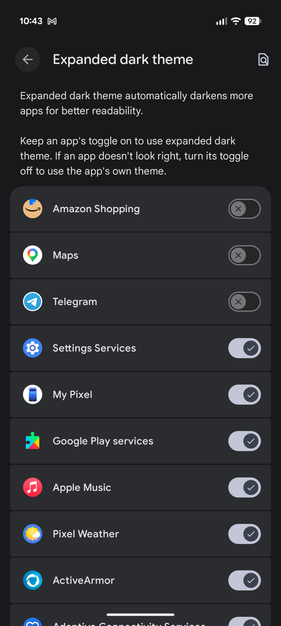 Expanded dark mode app list