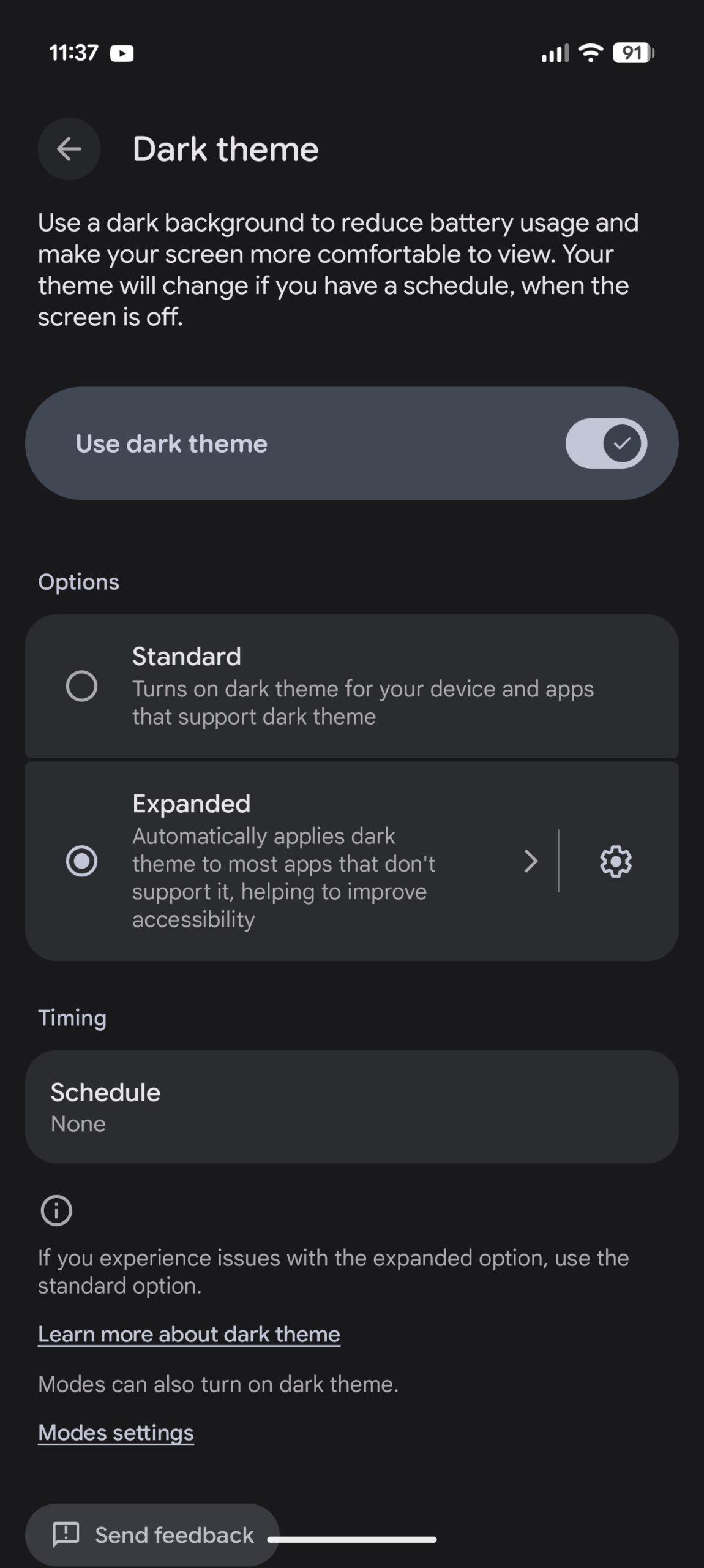 Expanded dark theme settings