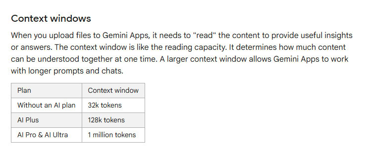 Gemini models context windows official support page