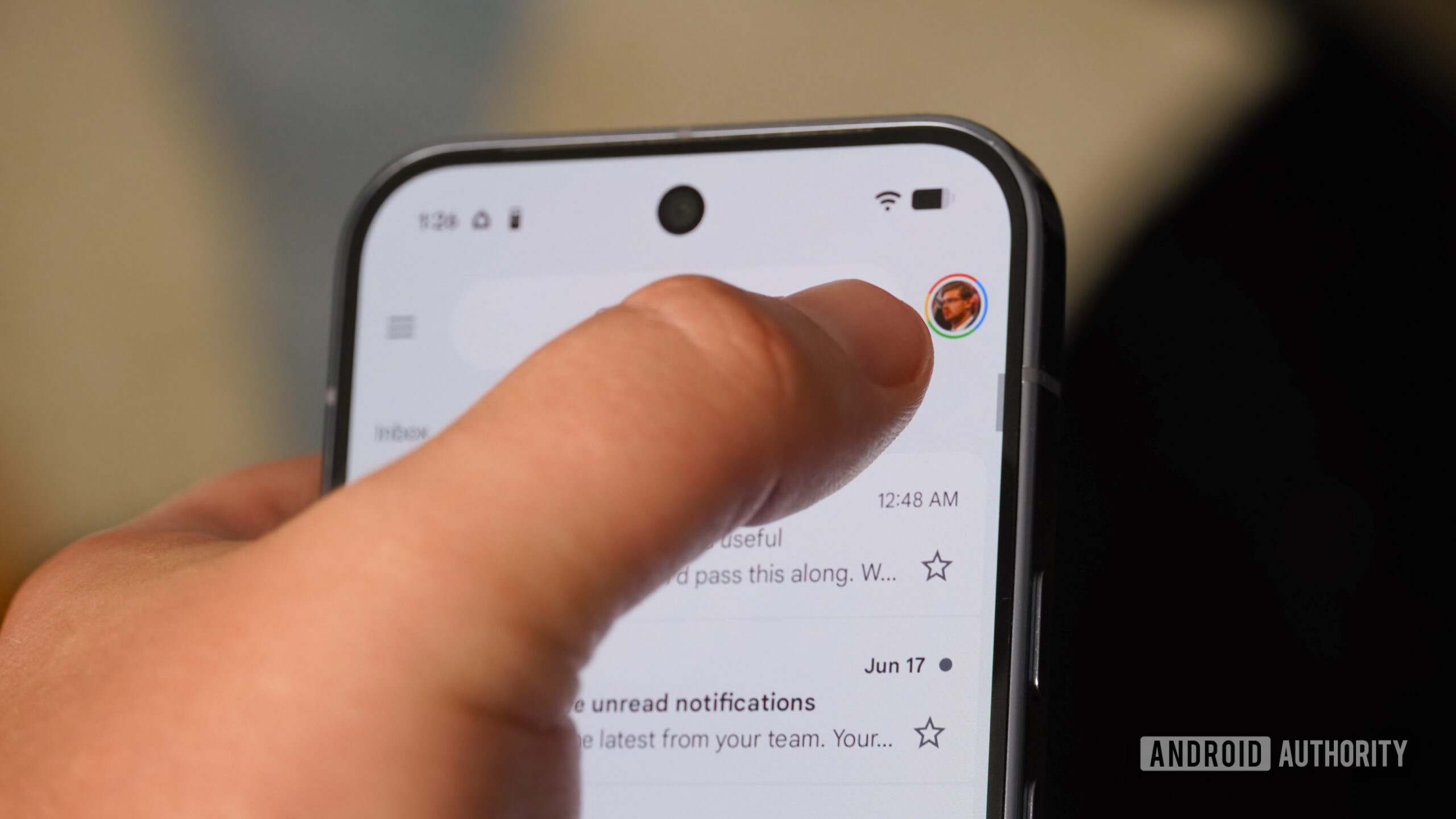 Swiping to change Google accounts in Gmail.