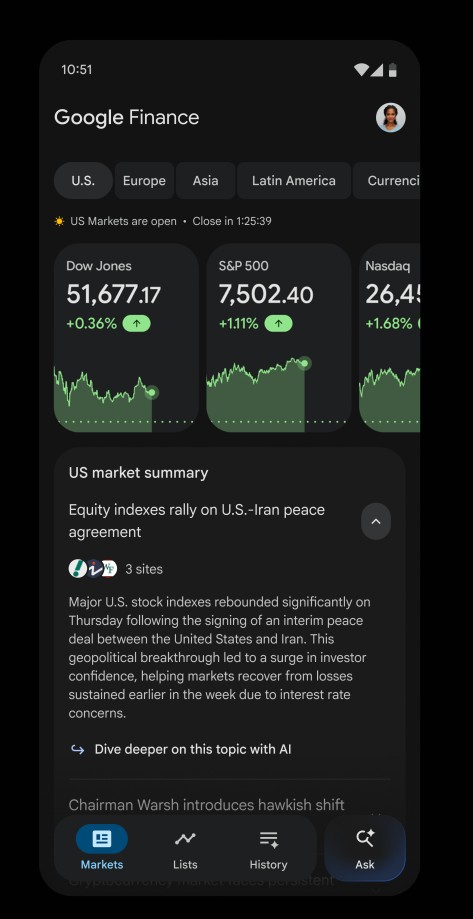 Google Finance Android app