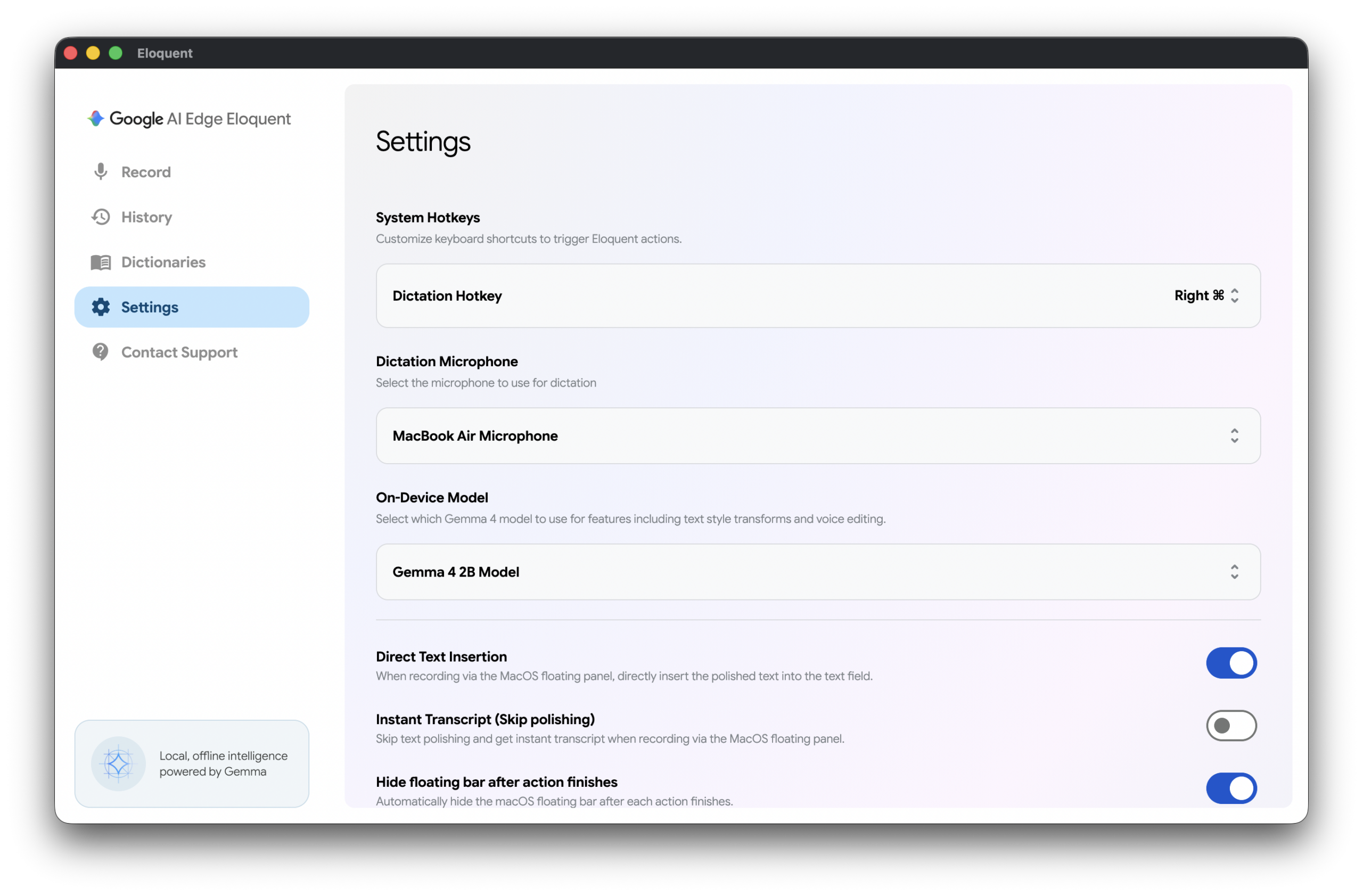 Google Gemma AI Edge Eloquent app on mac 2
