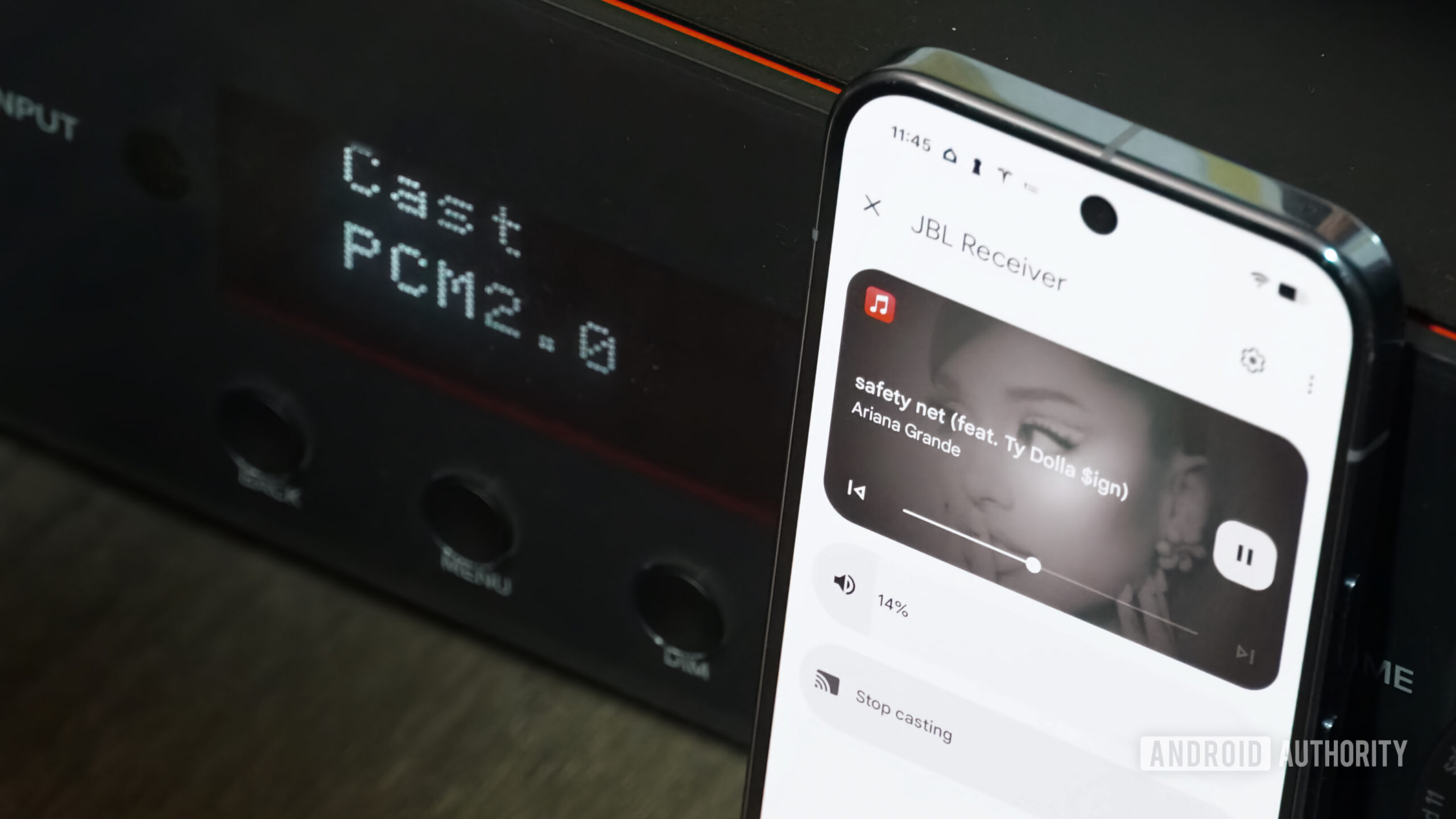 A receiver playing music through Google Cast.
