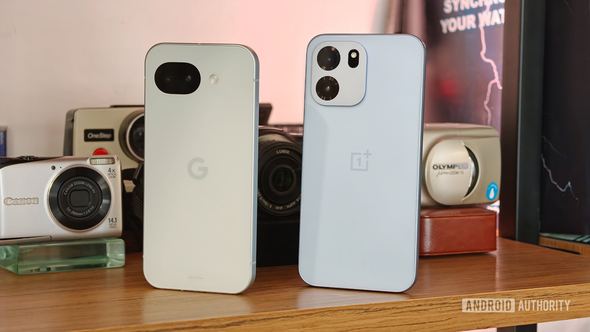 Google Pixel 10a vs OnePlus Nord CE standing on a shelf