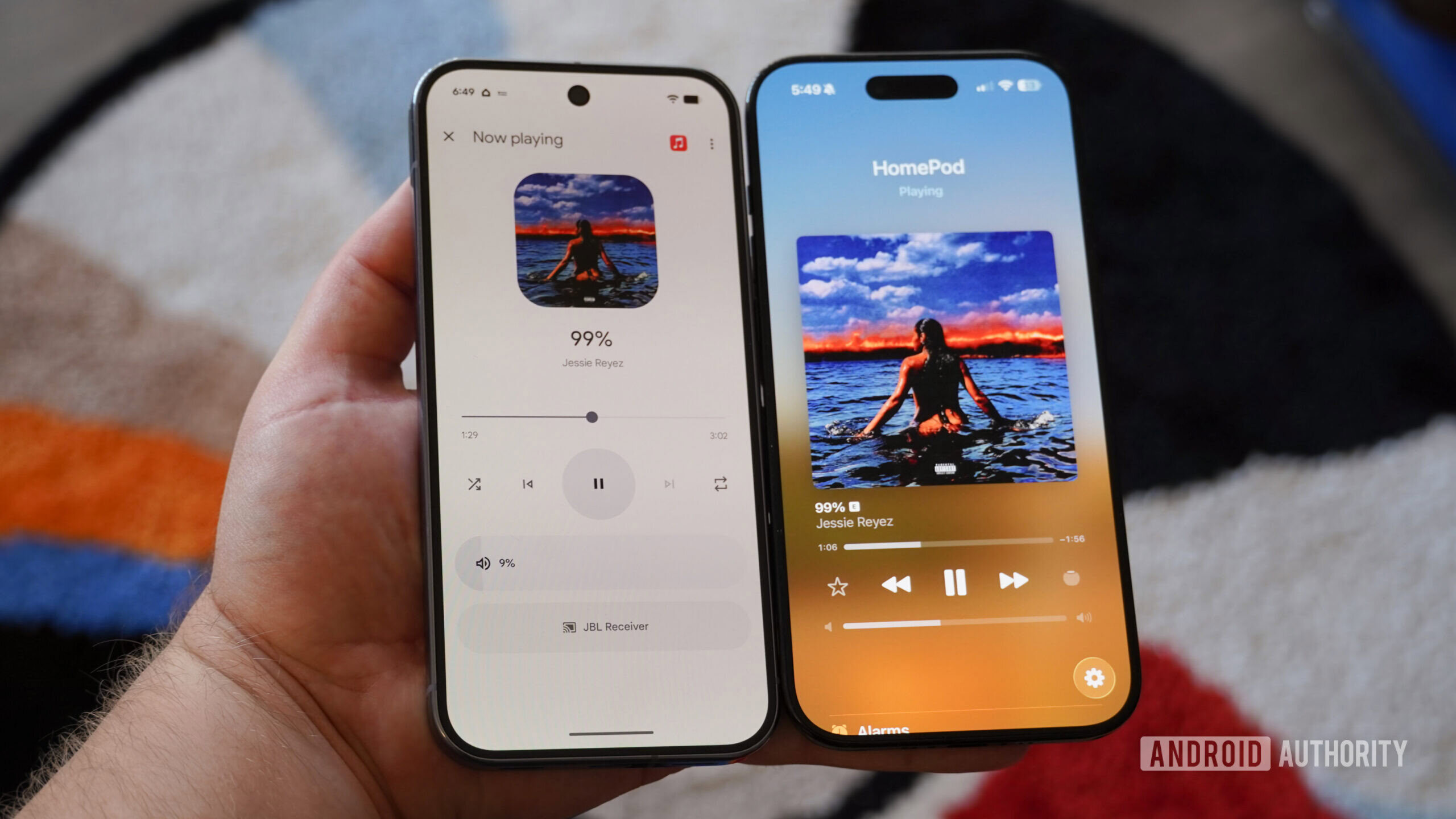 Companion app media controls for Google Home Speaker and HomePod Mini.