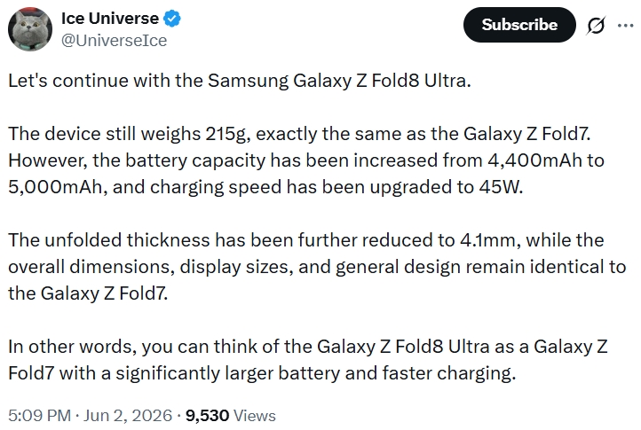 Ice Universe on X Galaxy Fold 8 Ultra leaked specifications Ice Universe on X Galaxy Fold 8 Ultra leaked specifications