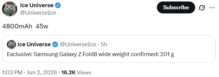 Ice Universe on X Galaxy Fold 8 battery and charging Ice Universe on X Galaxy Fold 8 battery and charging