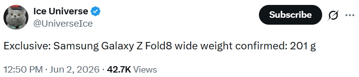 Ice Universe on X Galaxy Fold 8 weight Ice Universe on X Galaxy Fold 8 weight