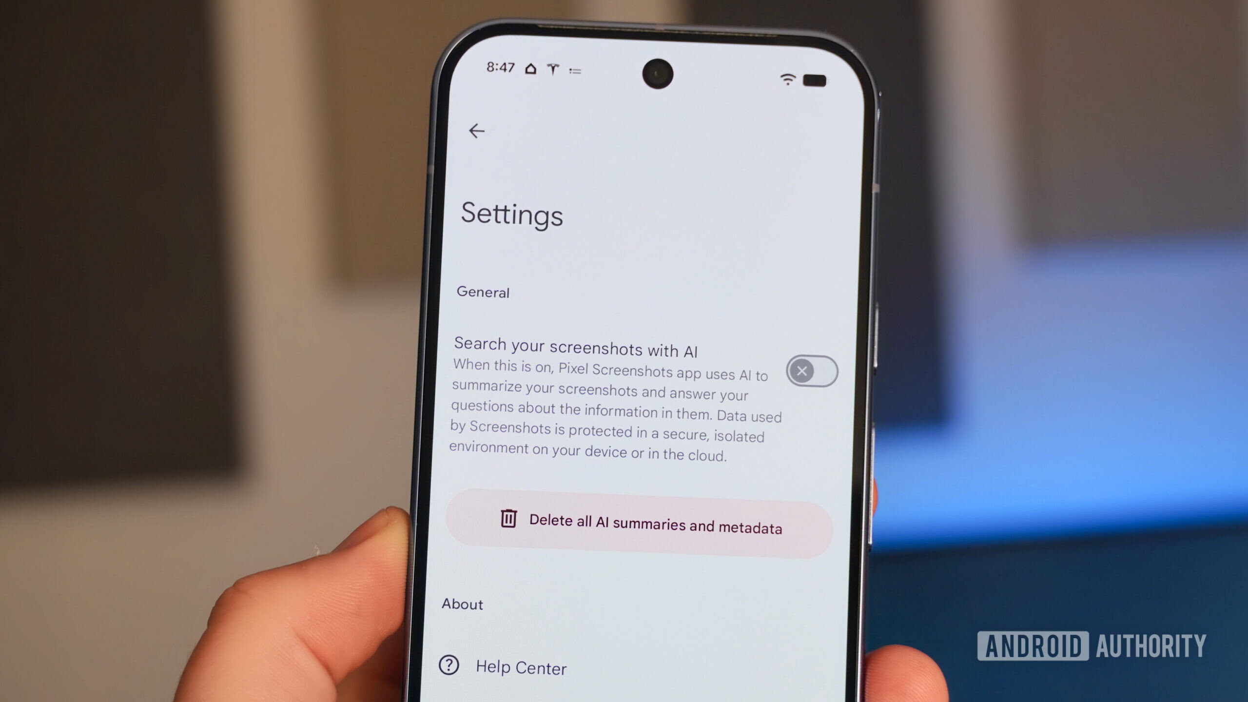 Pixel Screenshots AA 4 The delete all AI summaries and metadata button.