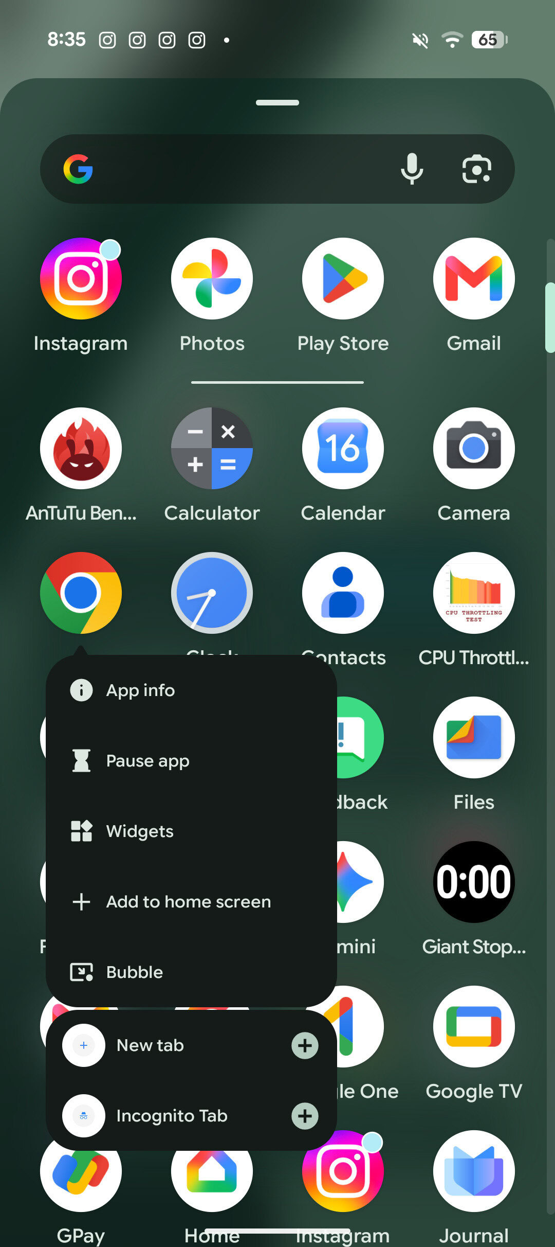 Pop up menu of an app when long pressed