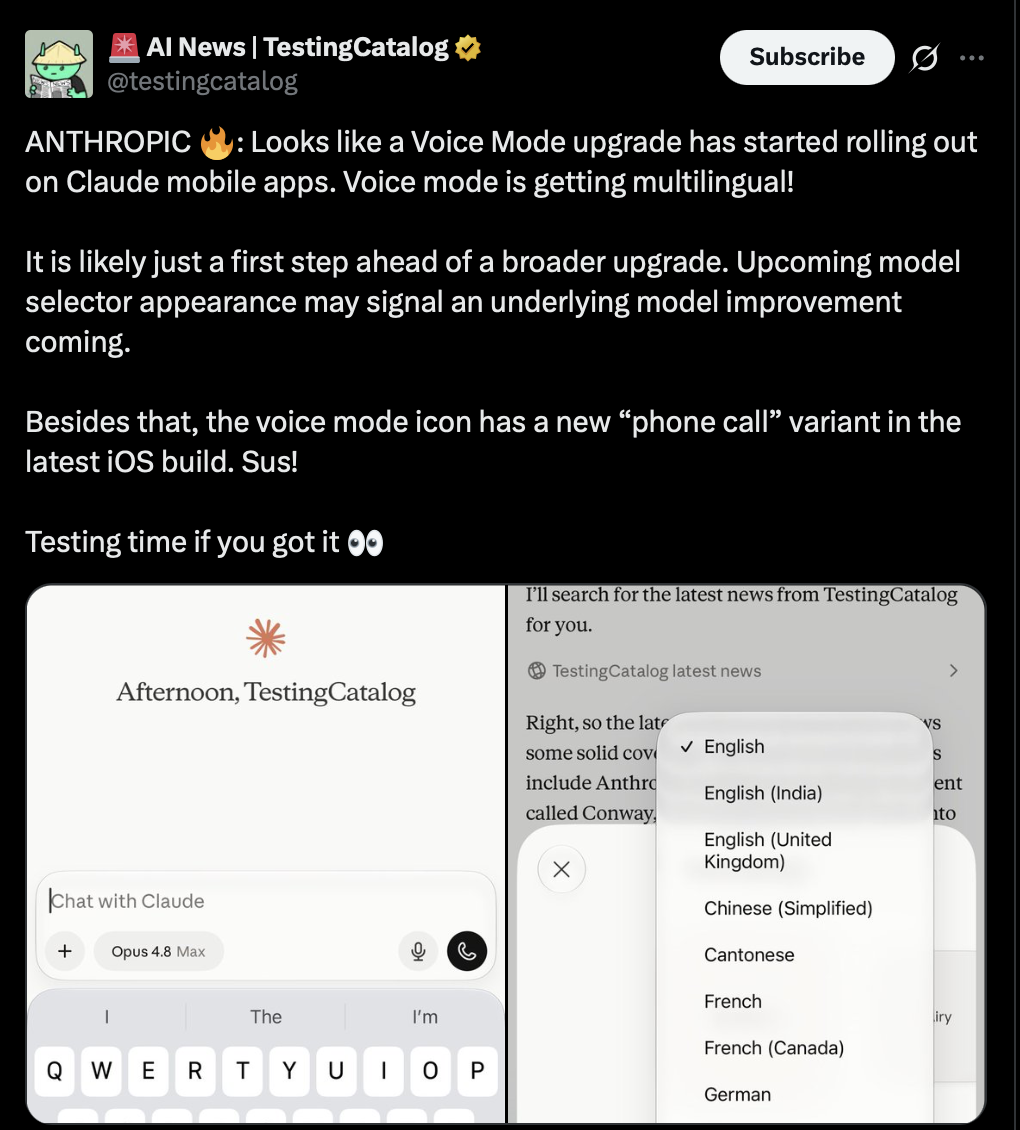 TestingCatalog on X about voice mode upgrade on Claude TestingCatalog on X about voice mode upgrade on Claude