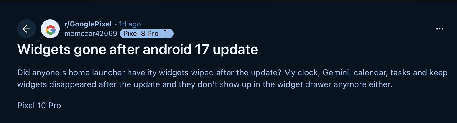 Widgets disappearing after Android 17 update second report