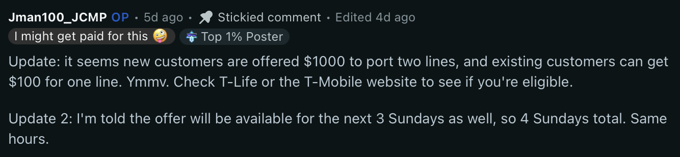 Two updates on the Magenta Nights T-Mobile promo on Reddit