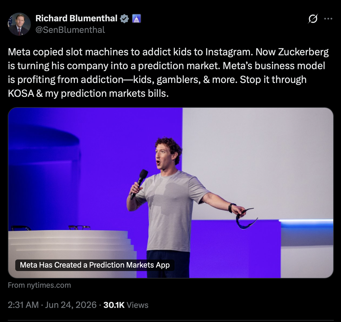 Connecticut Senator Richard Blumenthal argued on X about Meta's prediction app
