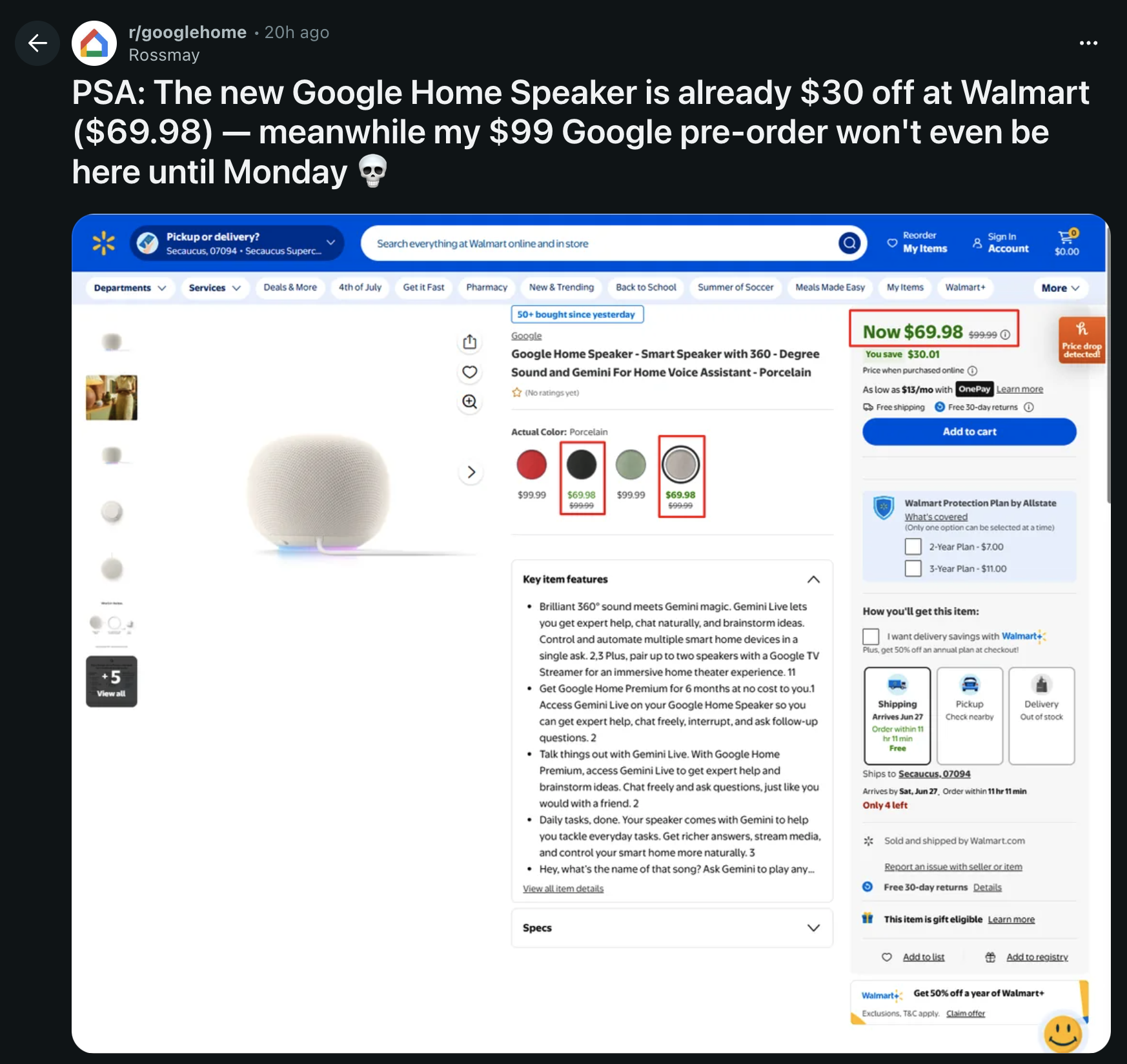 Google Home Speaker sale on Walmart