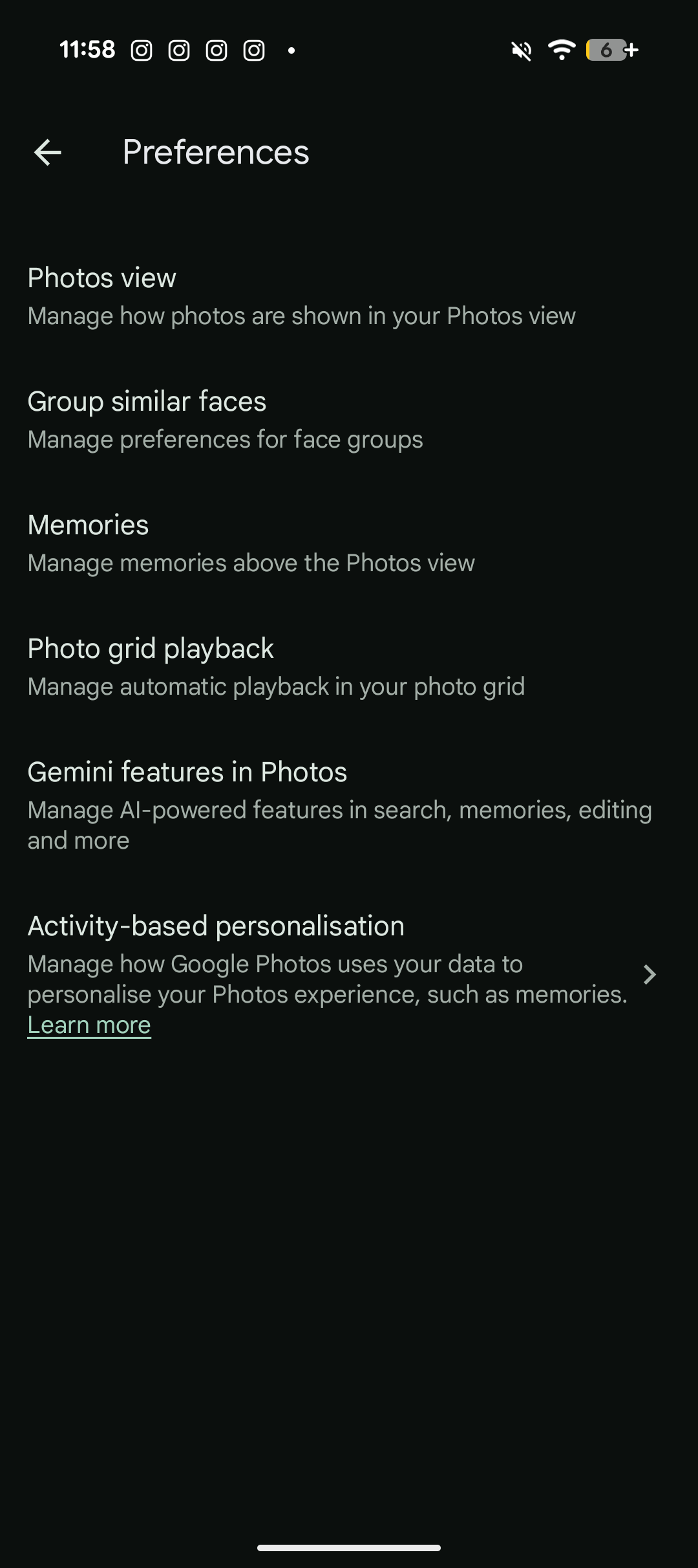 Preferences tab in the Google Photos app