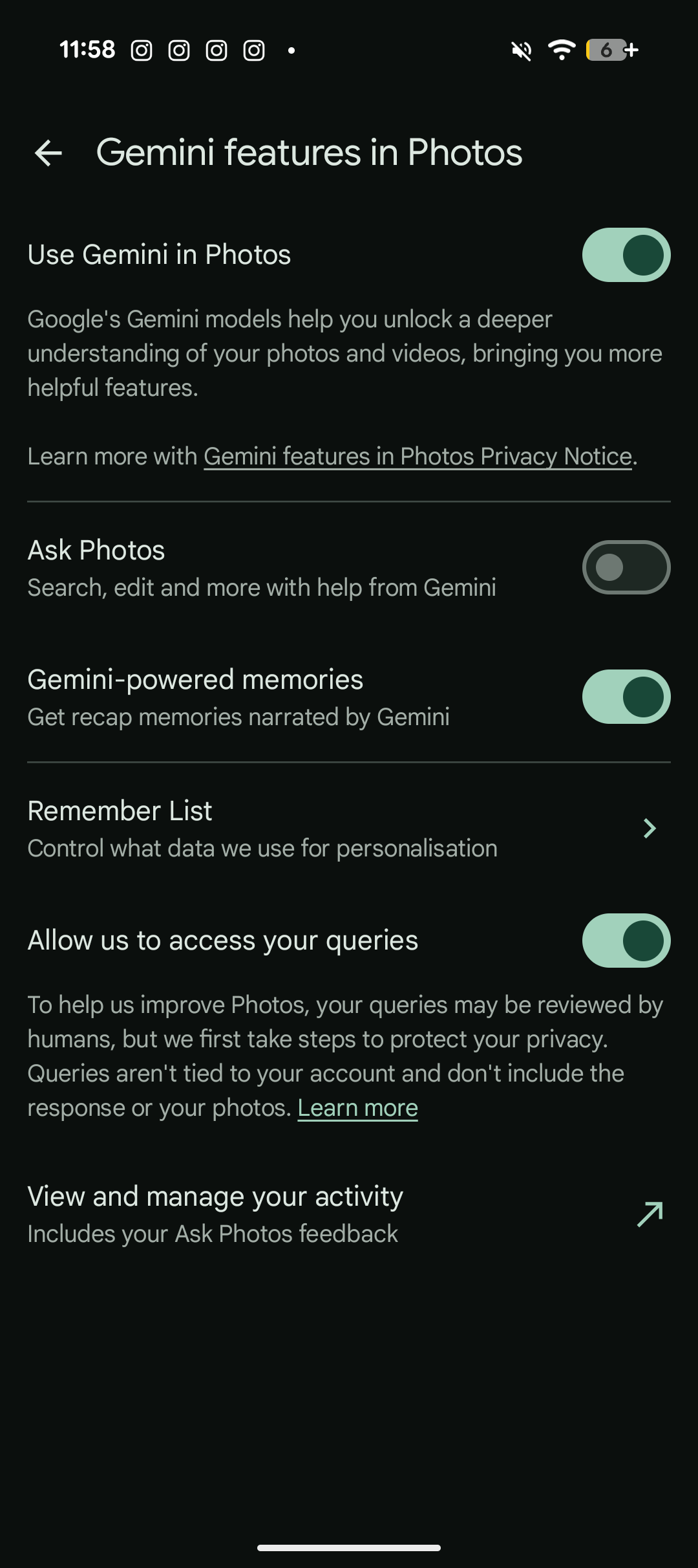 Gemini features in the Photos app