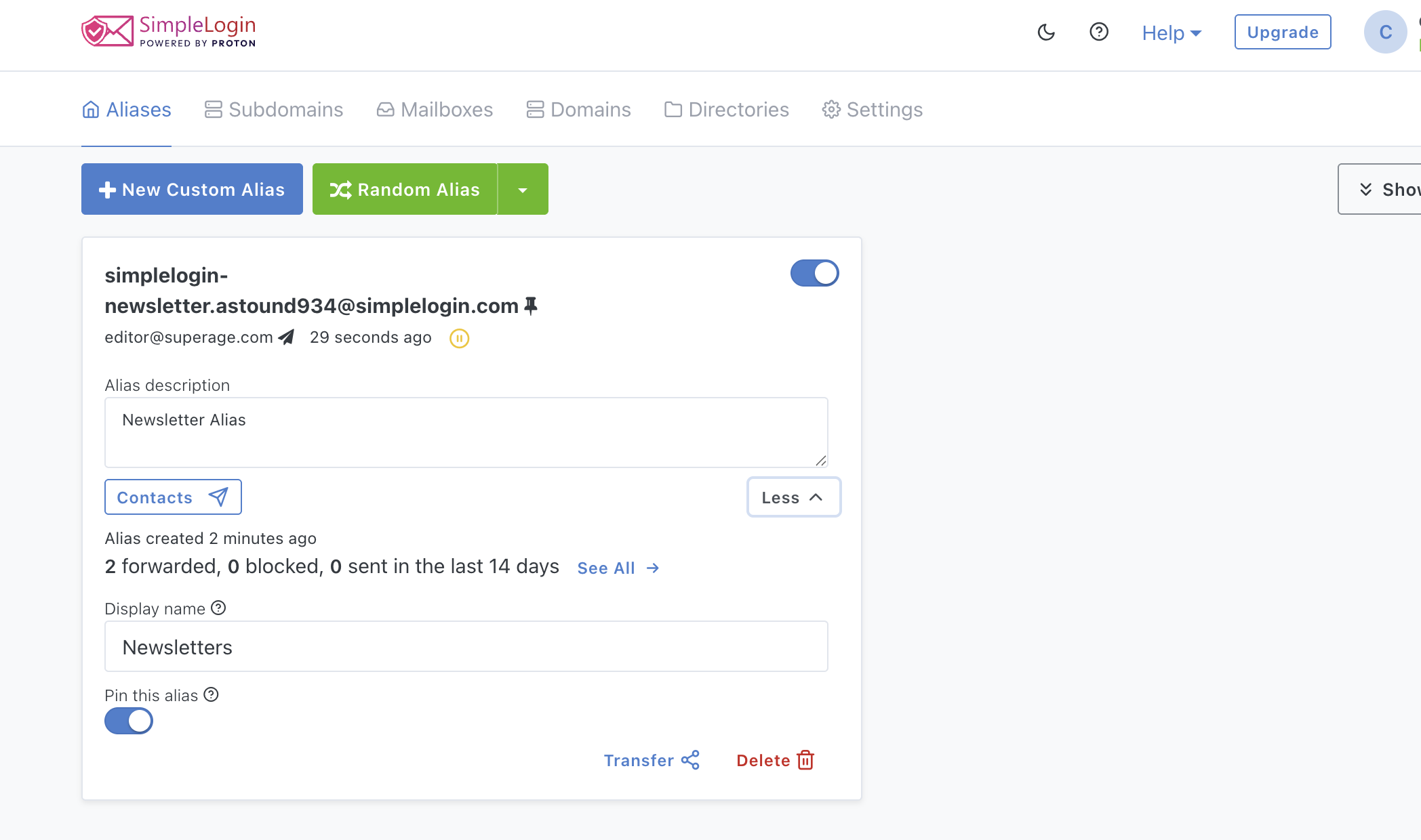 Simple Login email alias