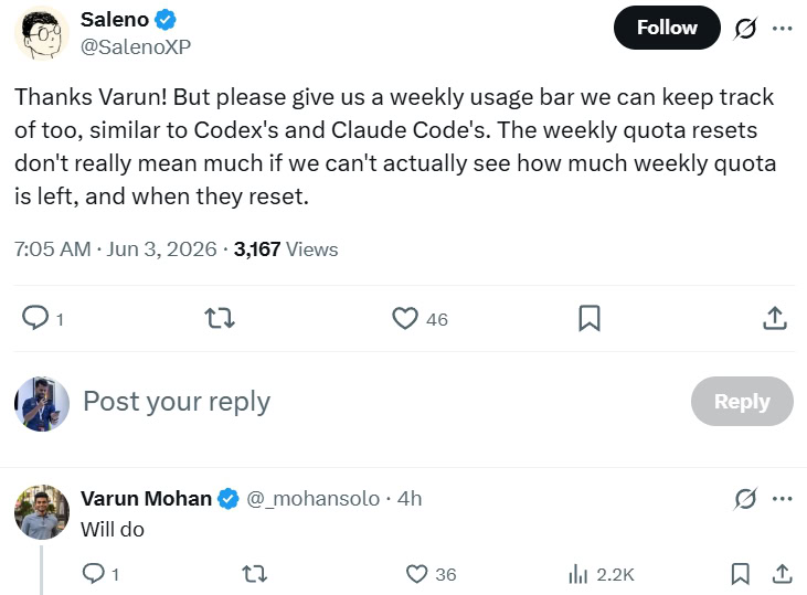 Varun Mohan on adding Gemini weekly quota usage bar to Antigravity