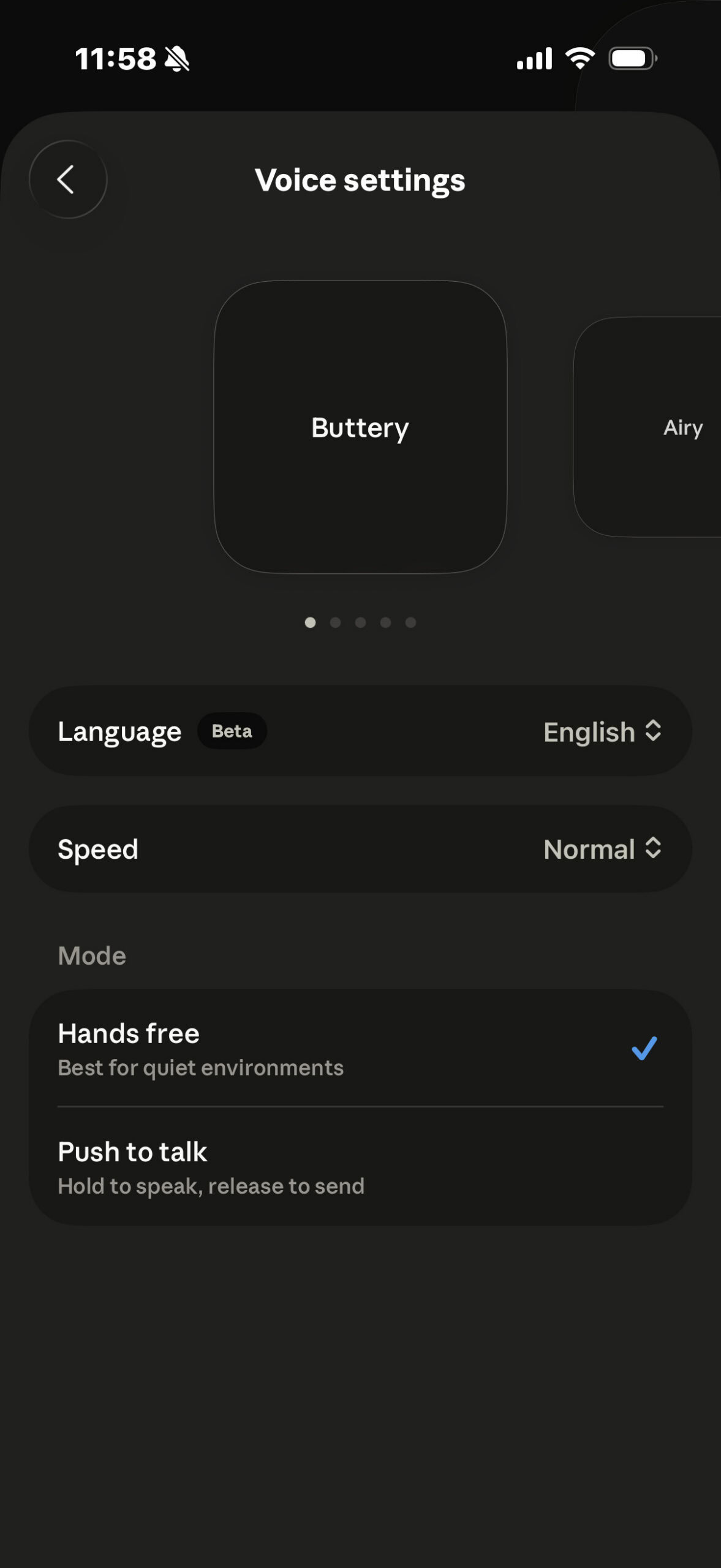 Voice settings on Claude mobile app