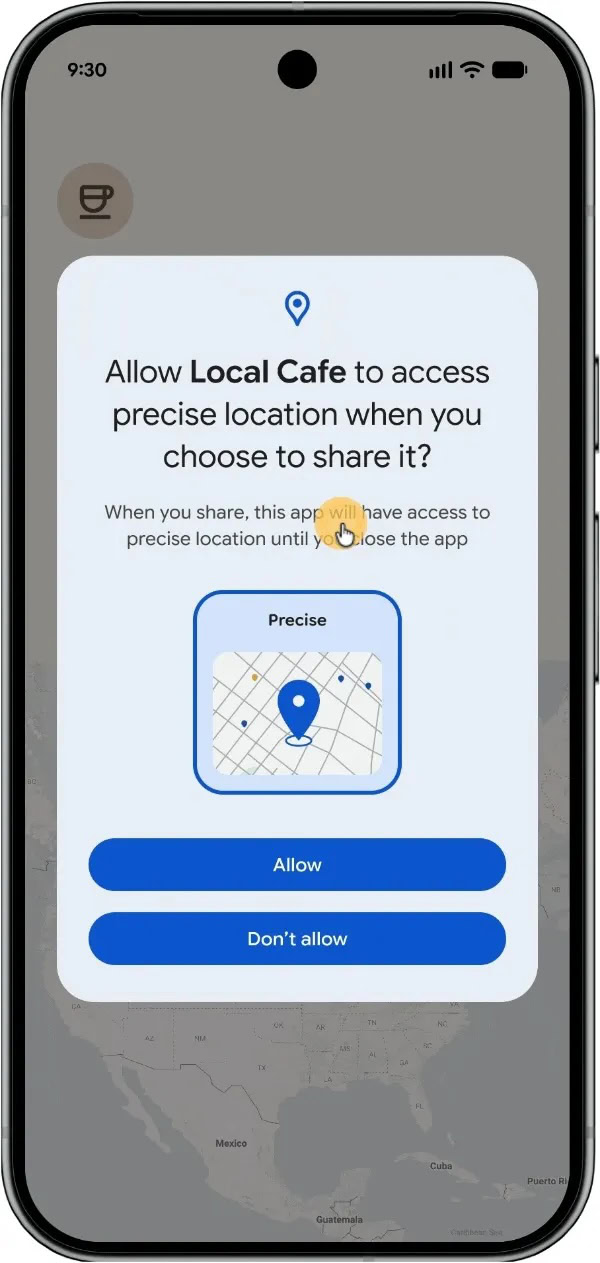 Precise location button in Android 17.