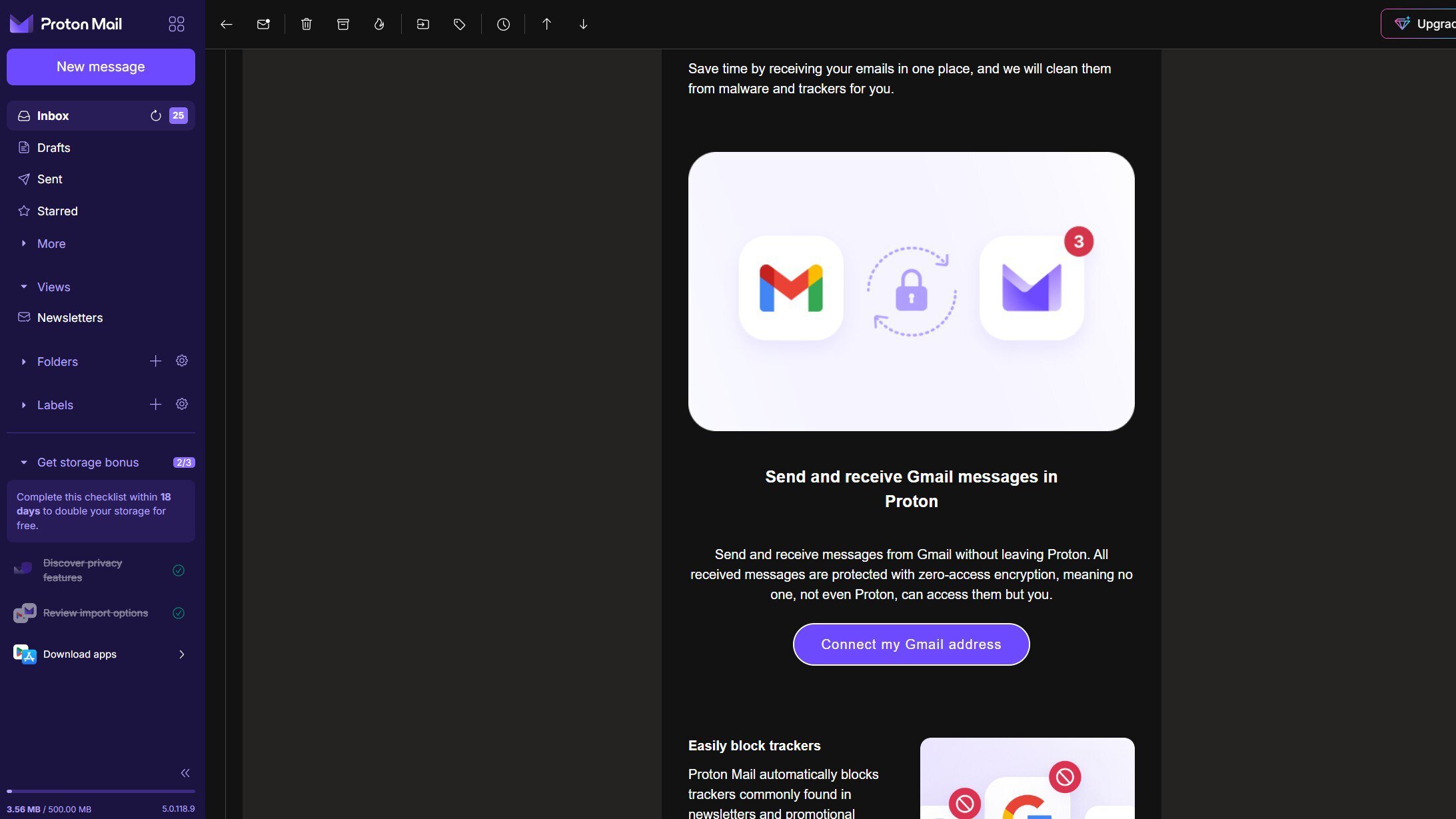 connect Gmail address option in Proton Mail
