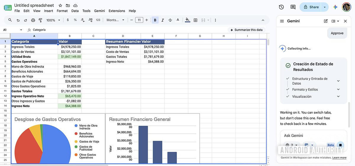 creating spreadsheets using gemini image