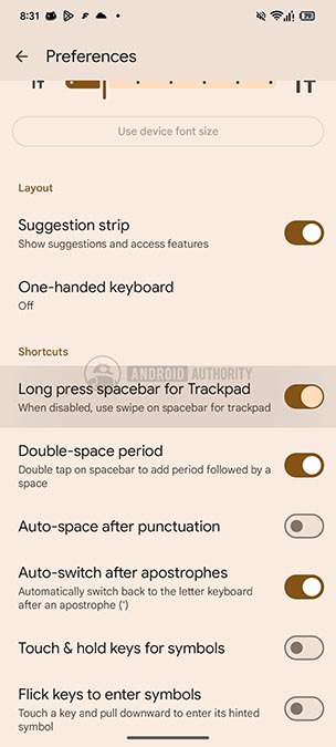 gboard toggle to long press spacebar for trackpad mode image