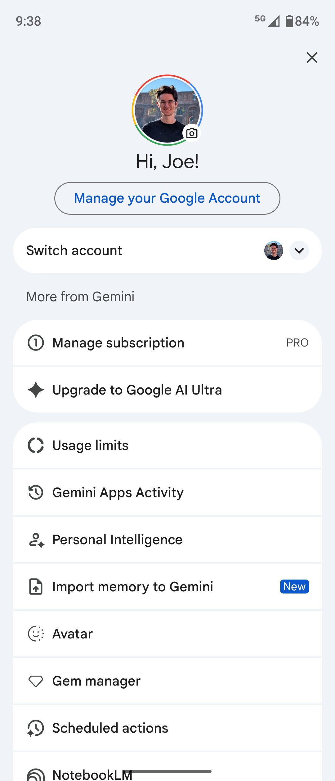 Screenshot showing how to set up Gemini Avatar.