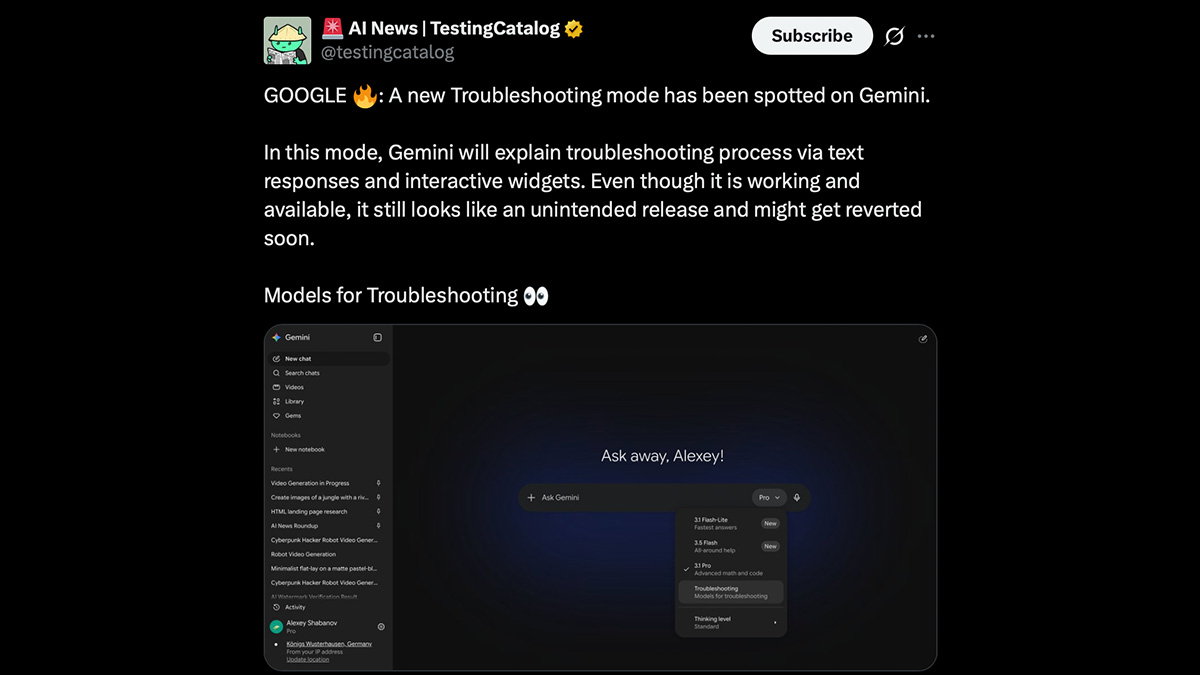 gemini troubleshooting mode x post image