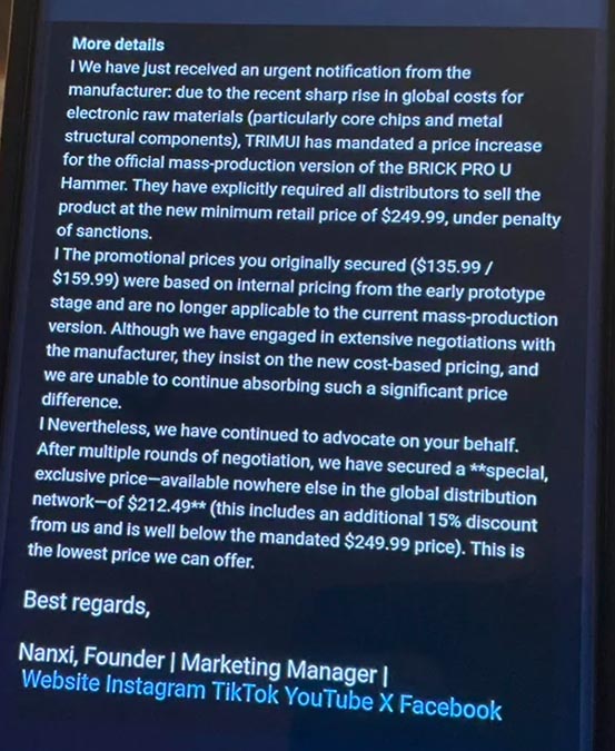 gogamegeek email about brick hammer pro u price hike reason