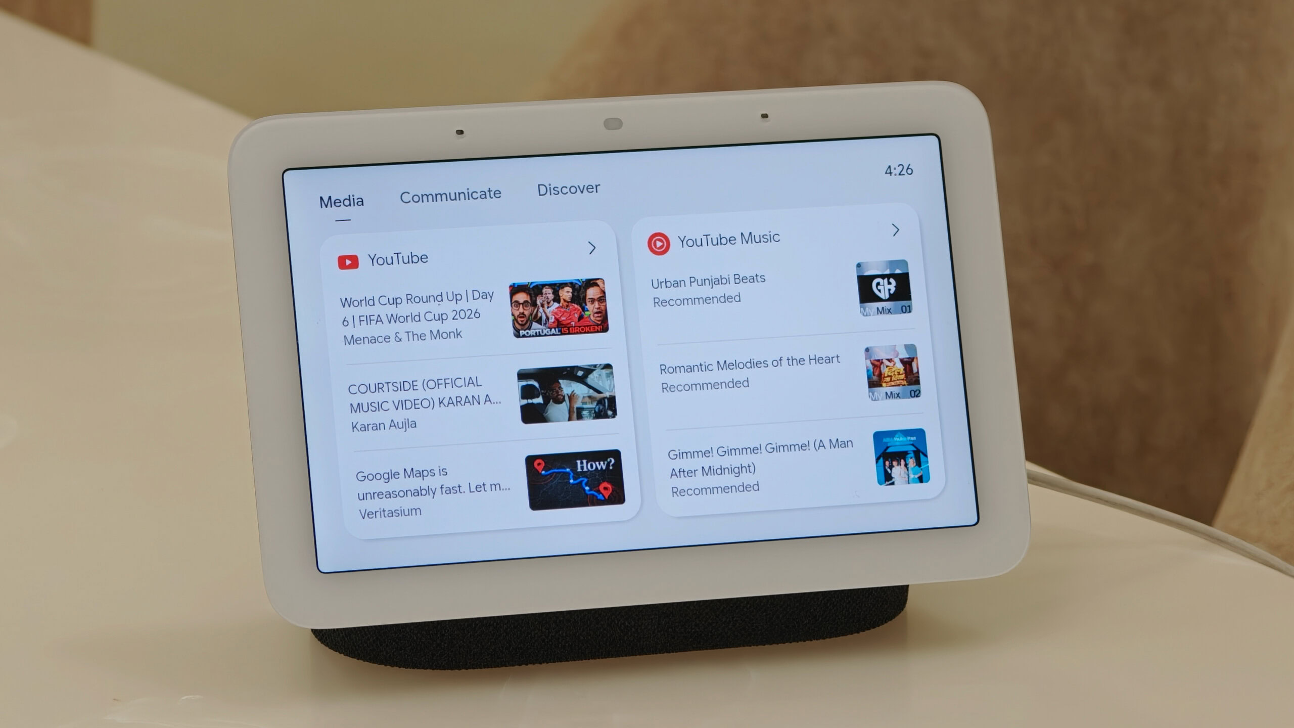 google nest hub sanuj 4 Google Nest Hub smart display interface showing the Media tab with recommendations for YouTube and YouTube Music