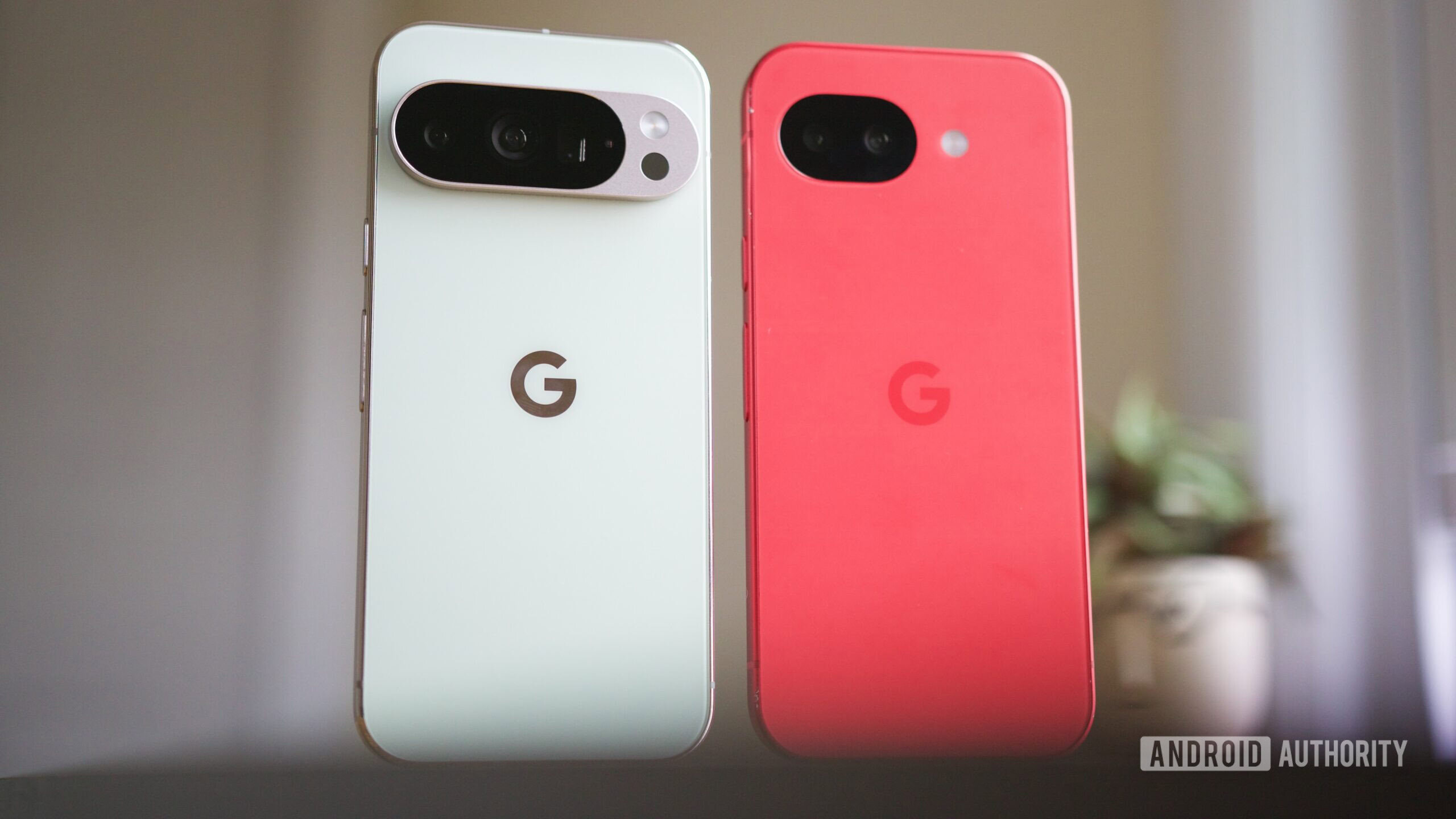 google pixel 10 pro and pixel 10a standing 2 Google Pixel 10 Pro and Pixel 10a standing next to each other.