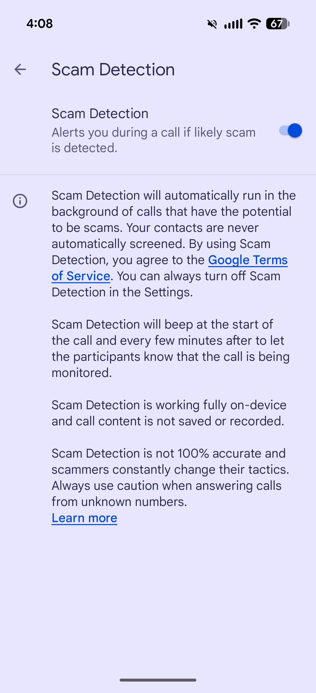 Screenshot of the Google Phone app, showing how to disable scam call settings.