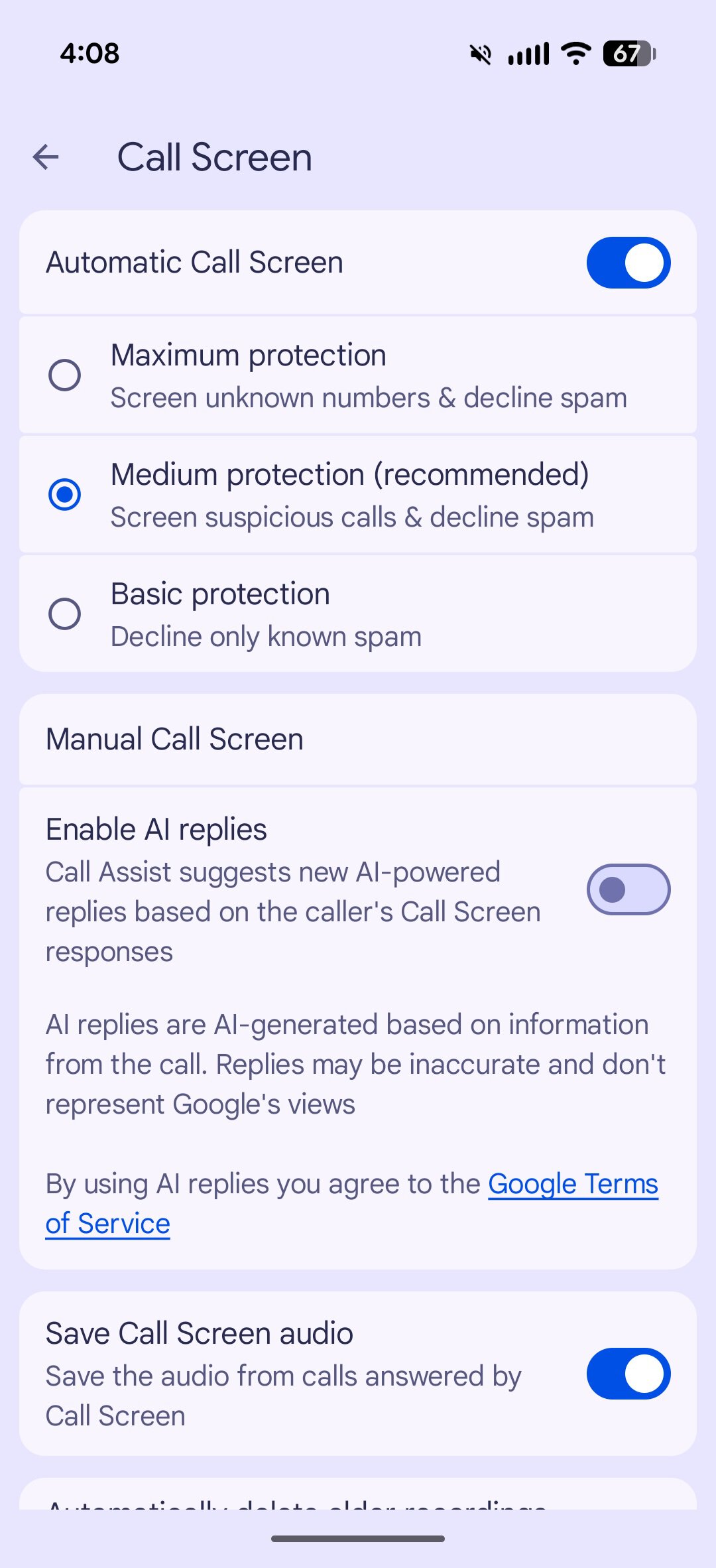 Screenshot of the Google Phone app, showing how to disable scam call settings.