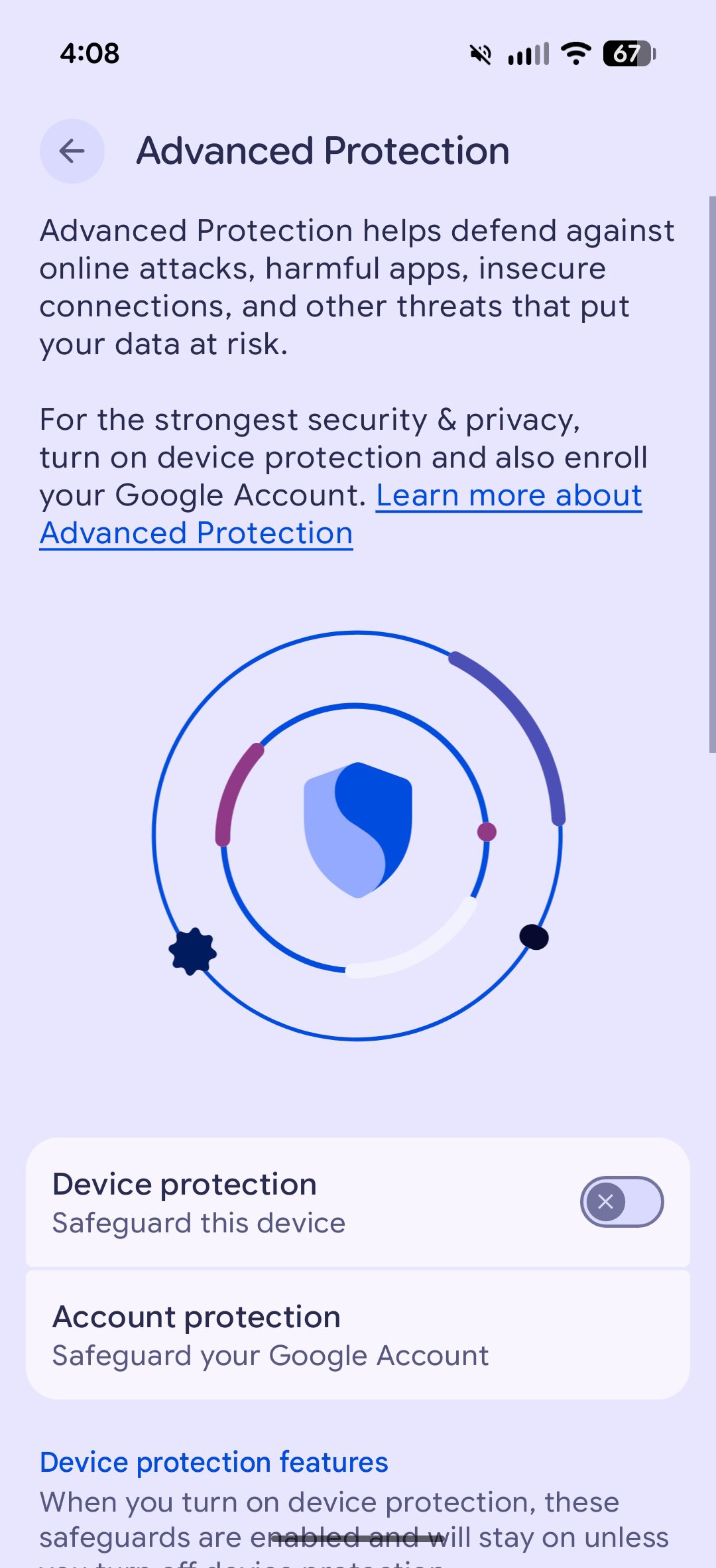 Screenshot showing how to disable Advanced Protection Mode on a Pixel phone.