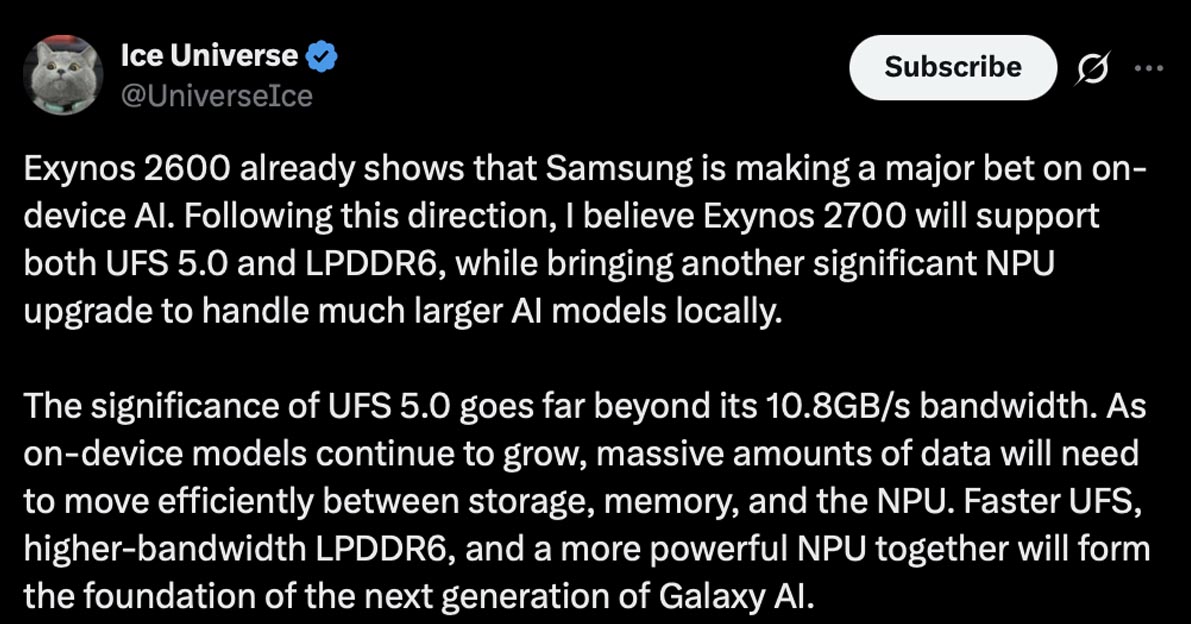 ice universe x post exynos 2700 ufs 5.0 support