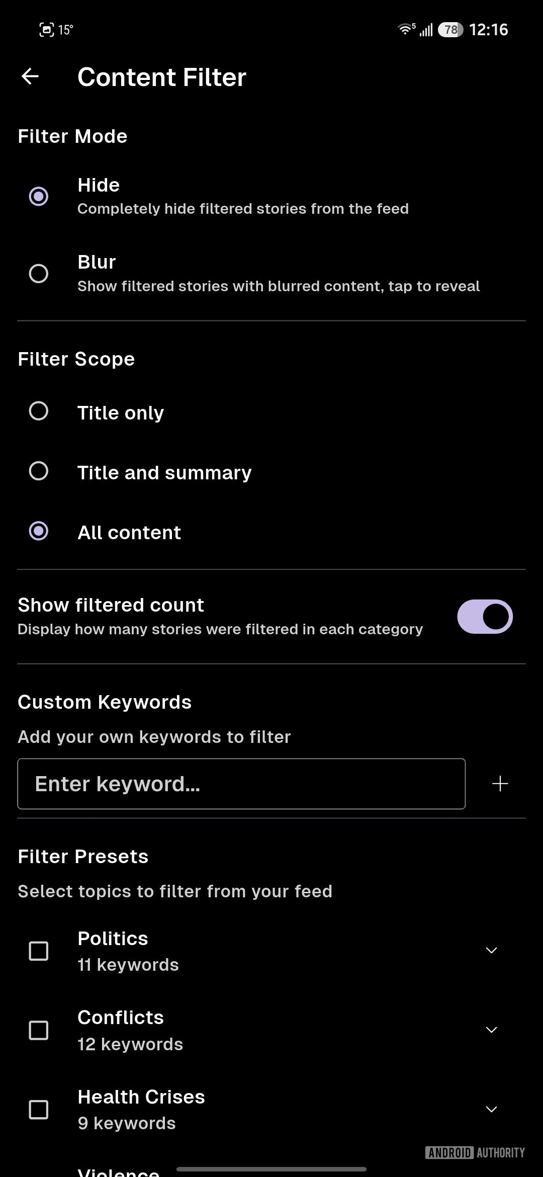 kagi news settings screenshot 1