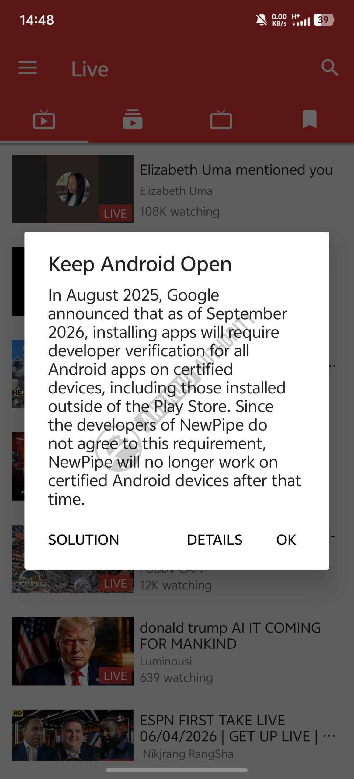 newPipe sideloading warning watermarked