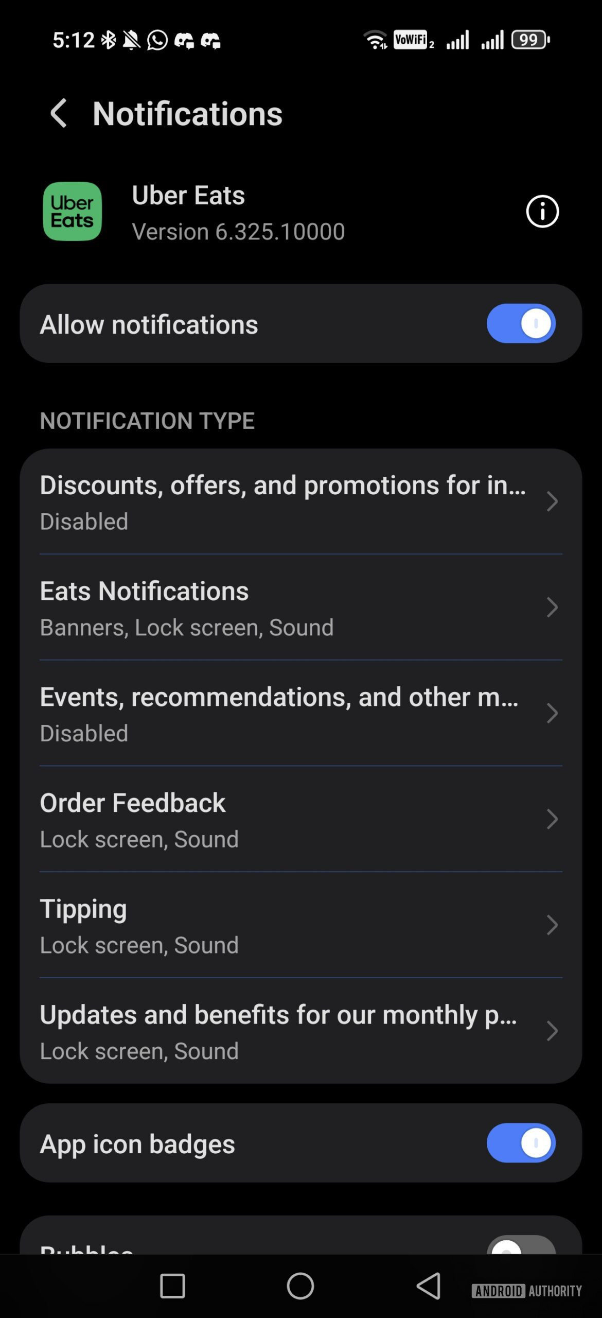 notification settings with notification channels for uber eats