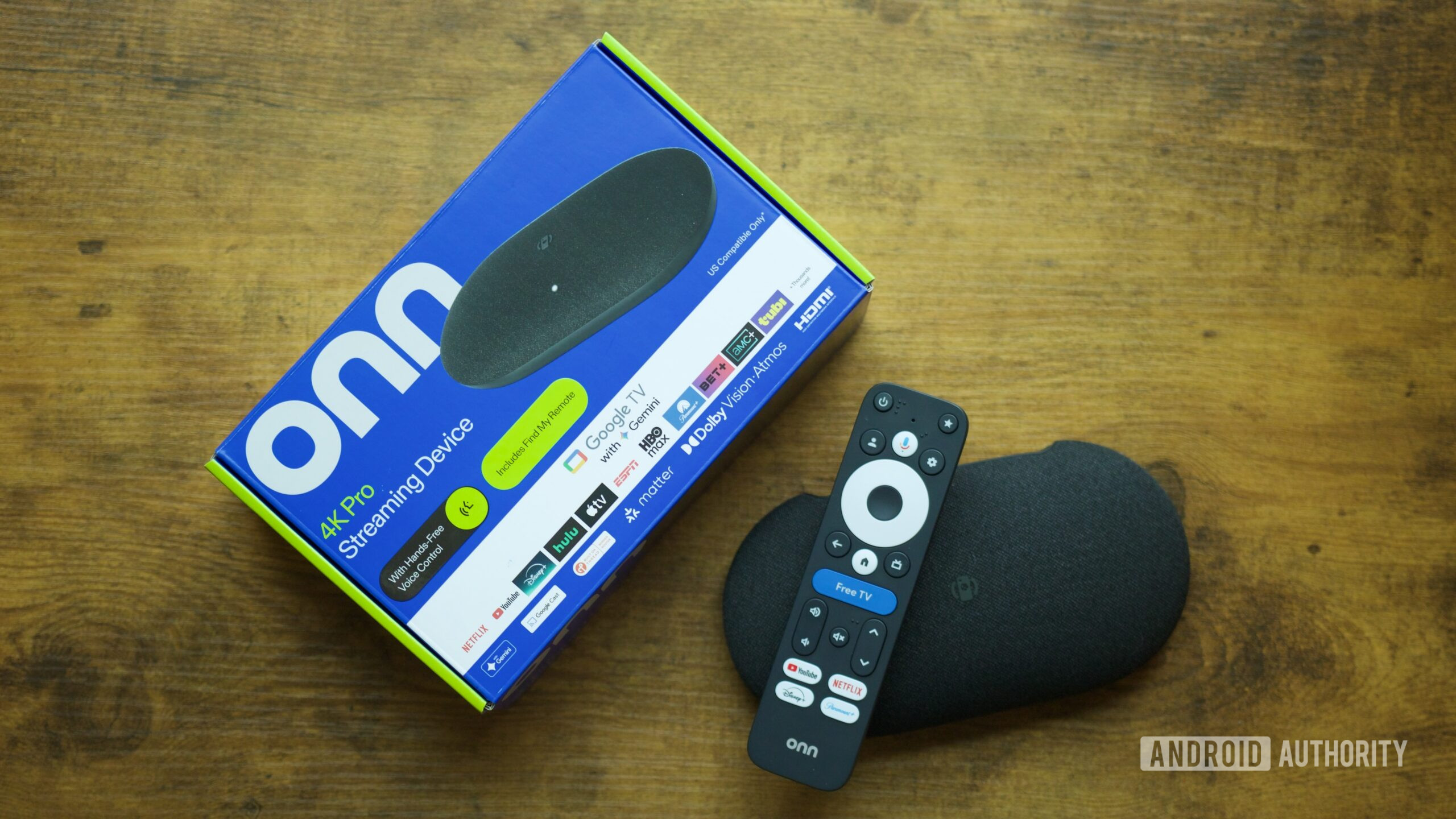 onn 4k pro 2026 streamer box 3 Walmart Onn 4K Pro (2026) next to its retail packaging.
