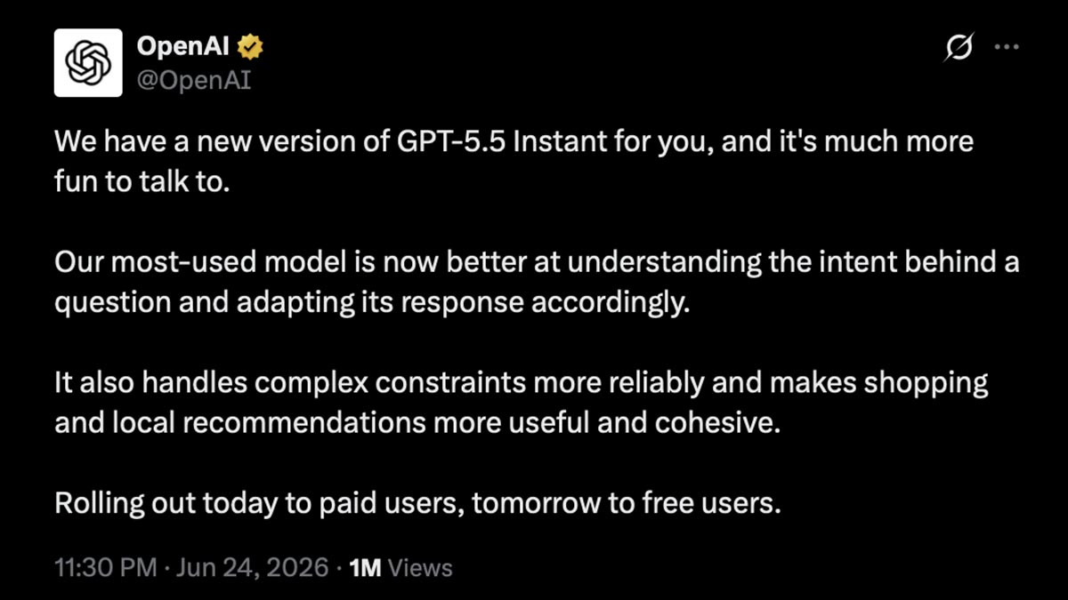 openai gpt 5.5 instant more fun tweet