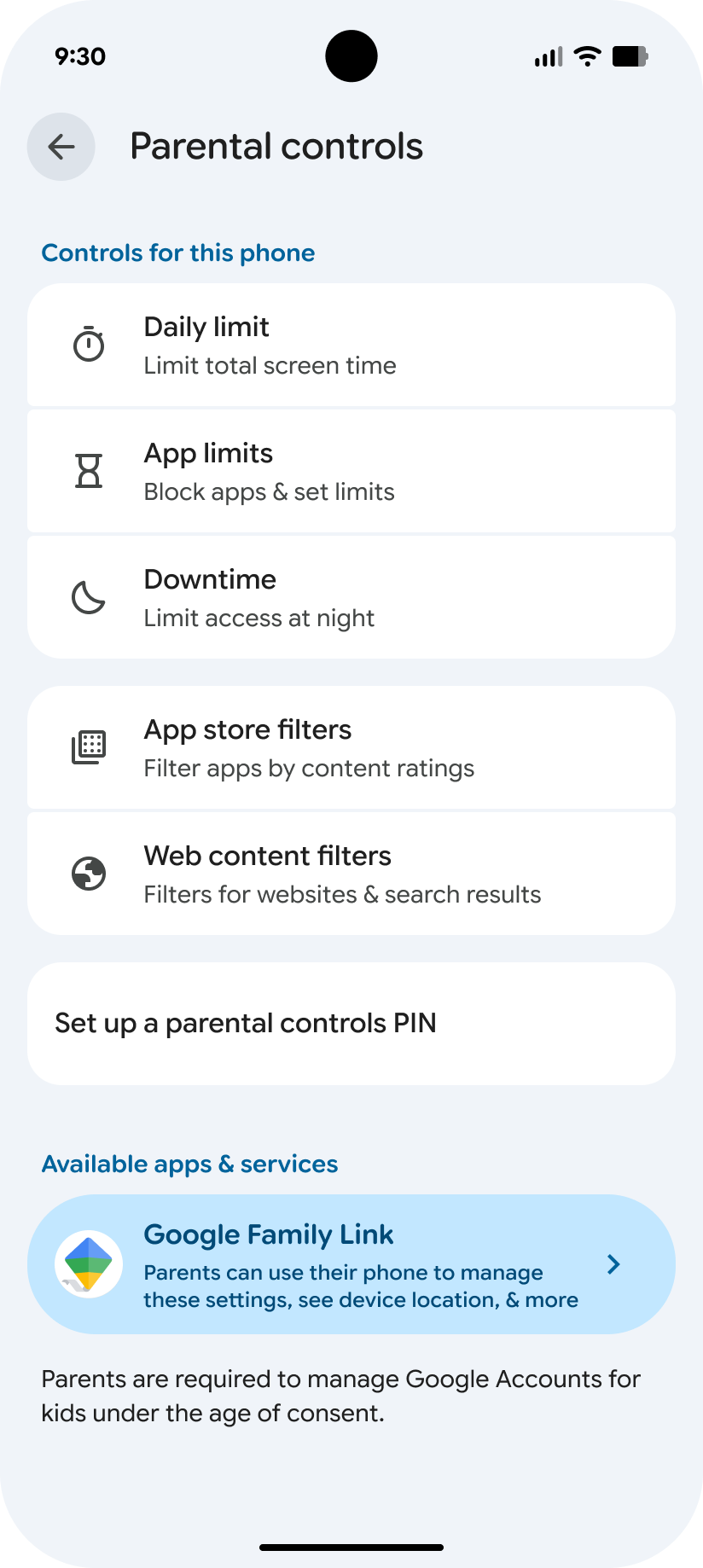 Parental control settings on Android 17