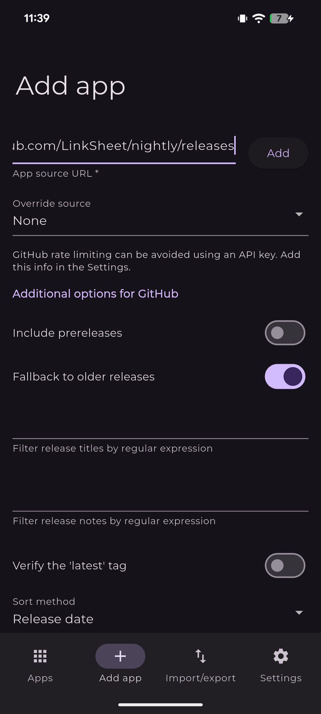 Adding an app's source to Obtainium.