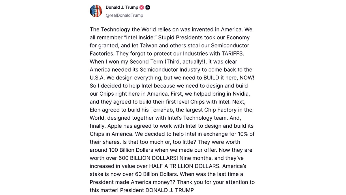 trump truth social post apple intel chip manufacturing trump truth social post apple intel chip manufacturing