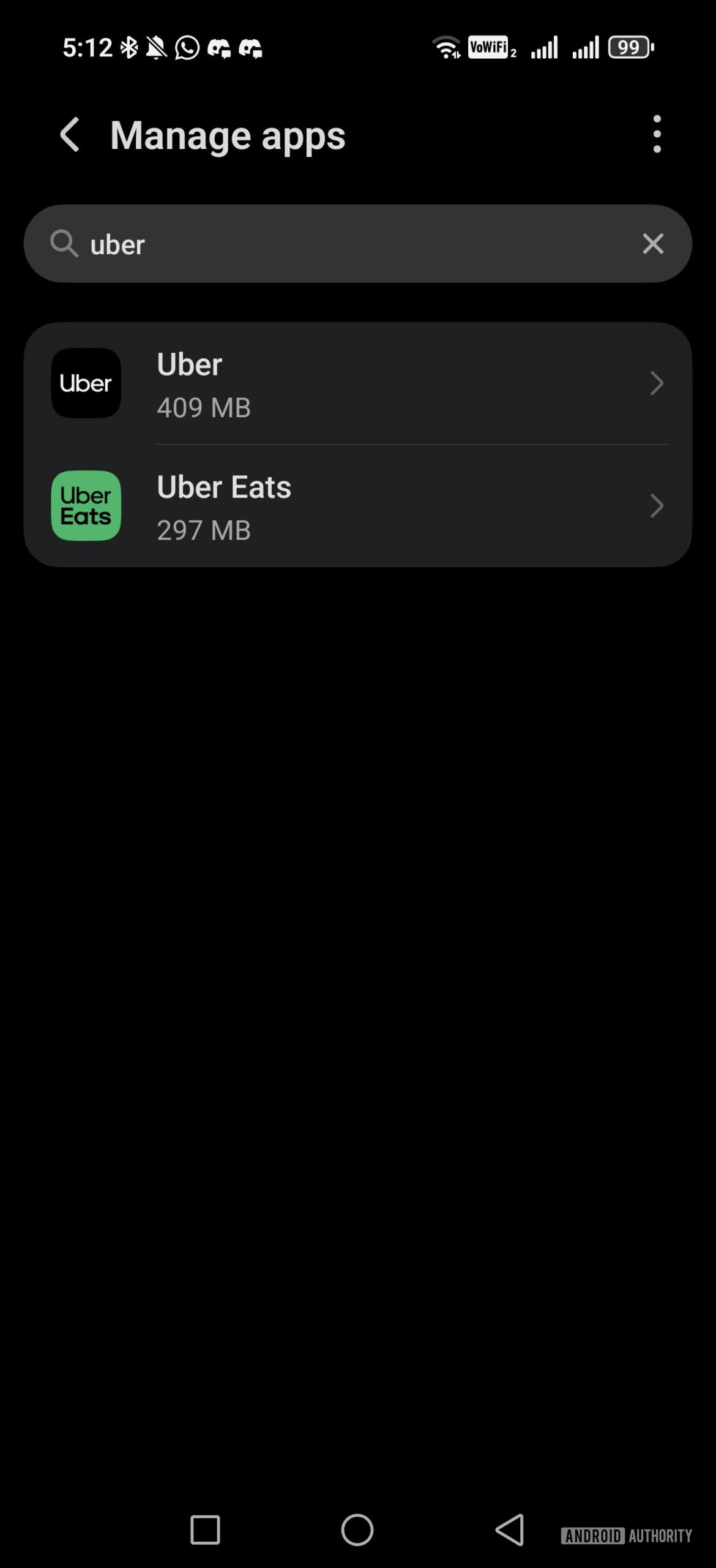 uber eats in manage apps menu