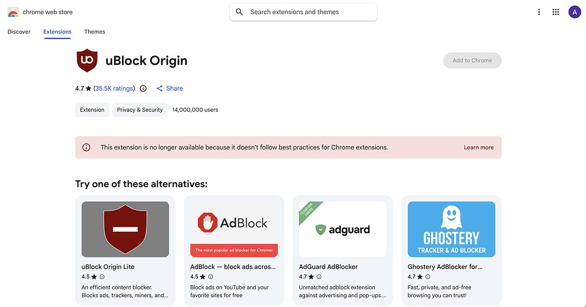 uBlock Origin not available in Chrome Web Store uBlock Origin not available in Chrome Web Store