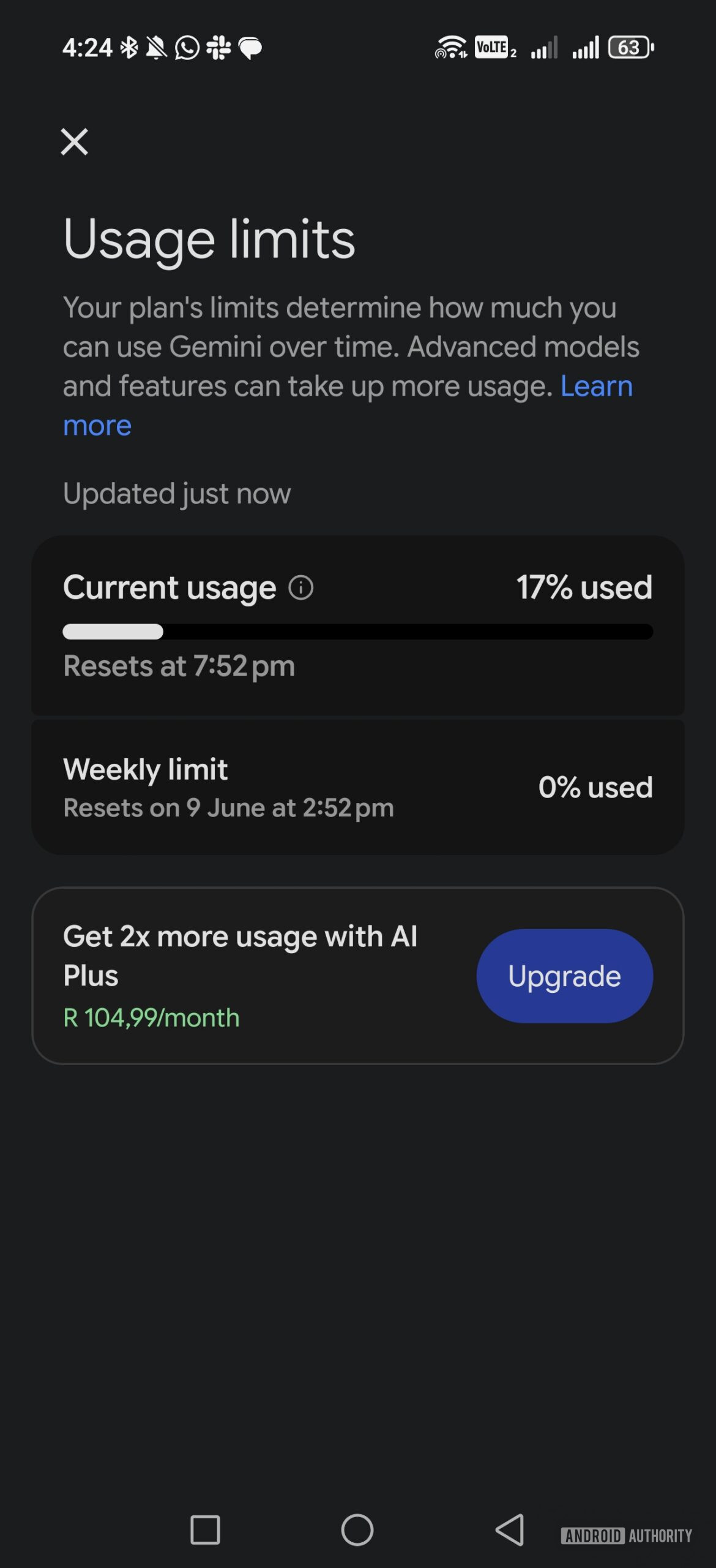 usage limits page in gemini