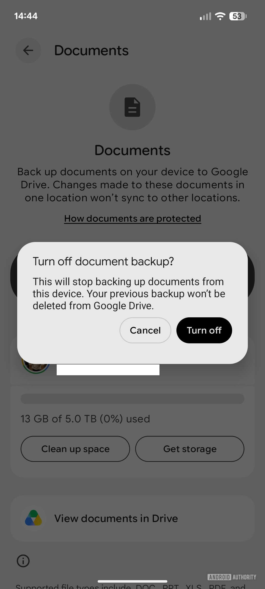 Android Backup Page Documents Disable