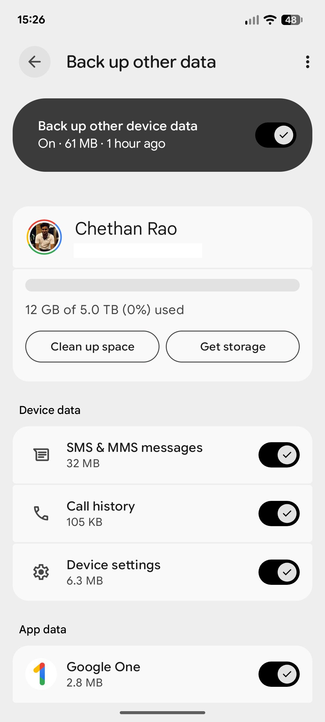 Android Backup Page Other Device details Toggles A screenshot of the Android Backup page showing individual toggles for certain data types.